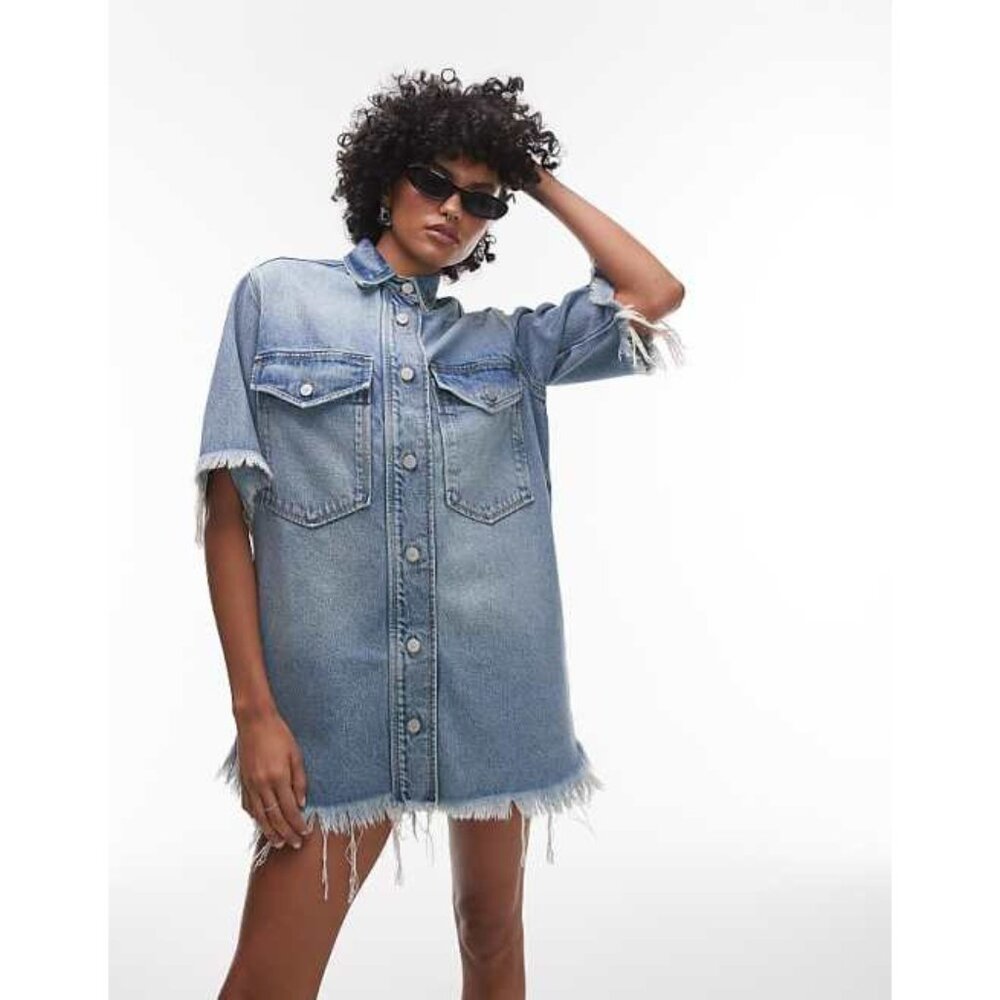 AllSaints Faye Frayed Short Sleeve Mini Denim Dress Jean Raw Edge Button Up - Picture 9 of 14